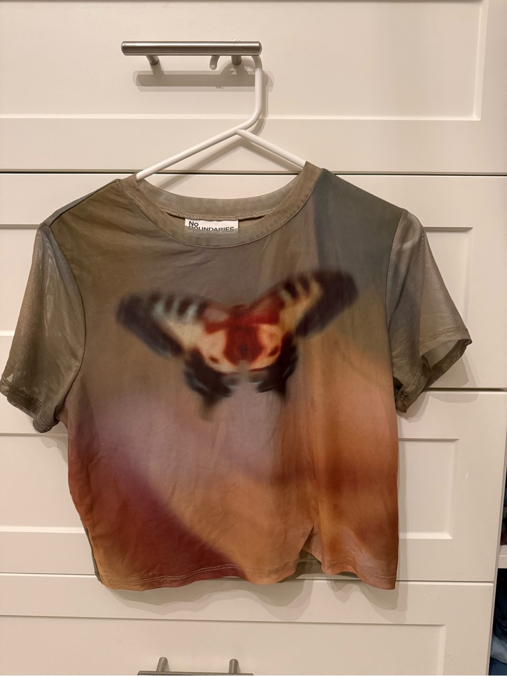 No Boundaries Brown Olive and Tan Blurred Butterfly Crop Tee - Women's